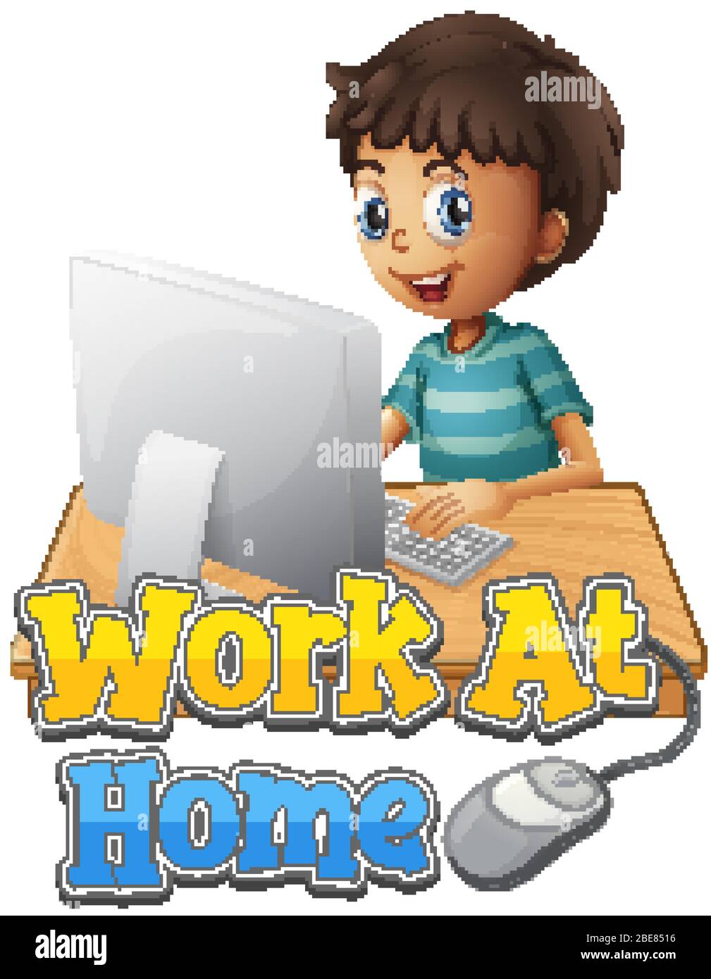 Font design for work from home with boy working on computer ...