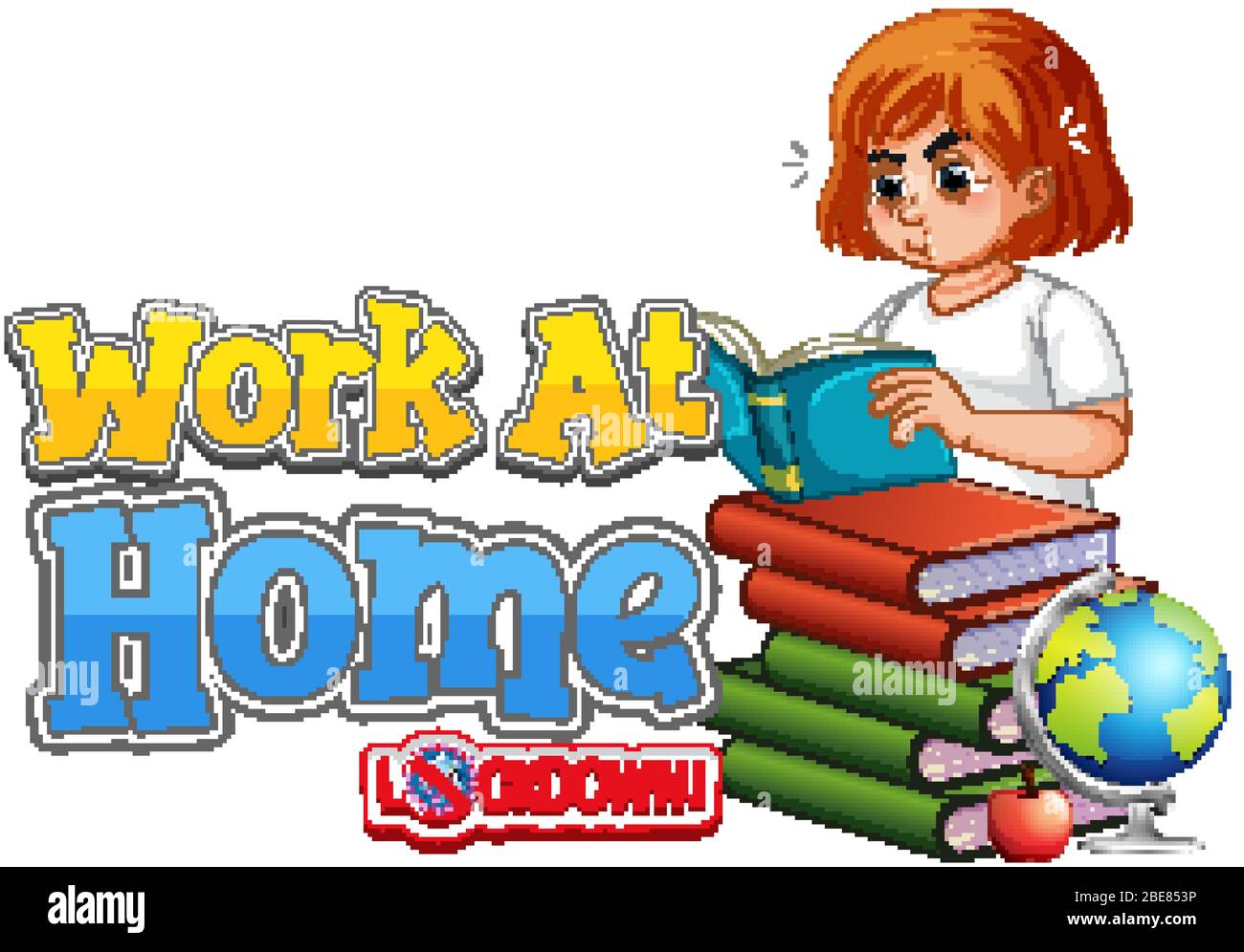 Font design for work from home with girl reading books illustration ...