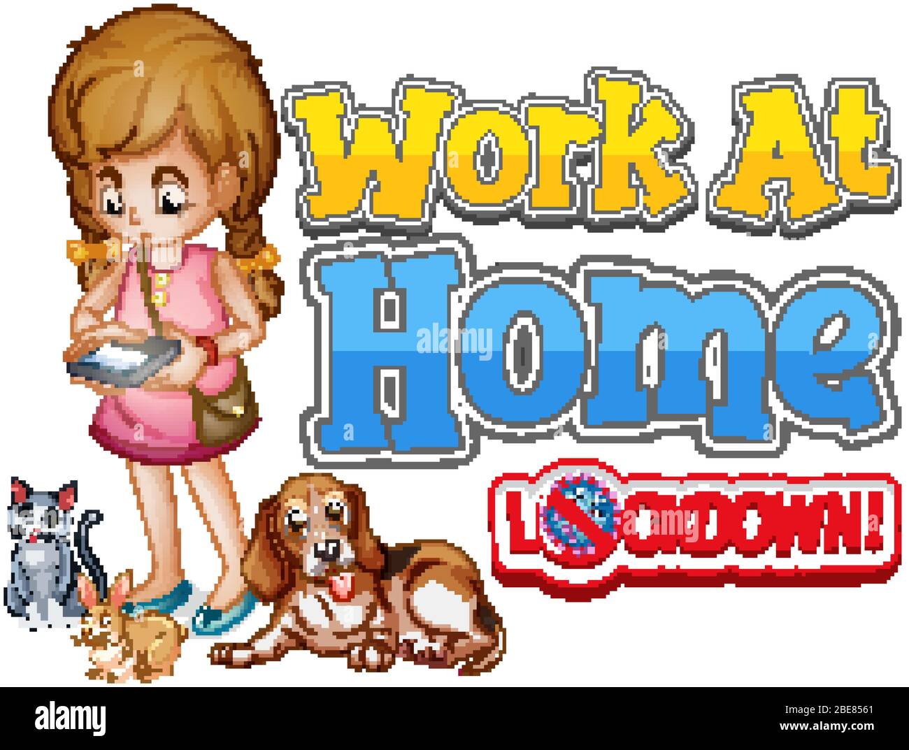 Font design for work from home with girl and pet illustration Stock ...