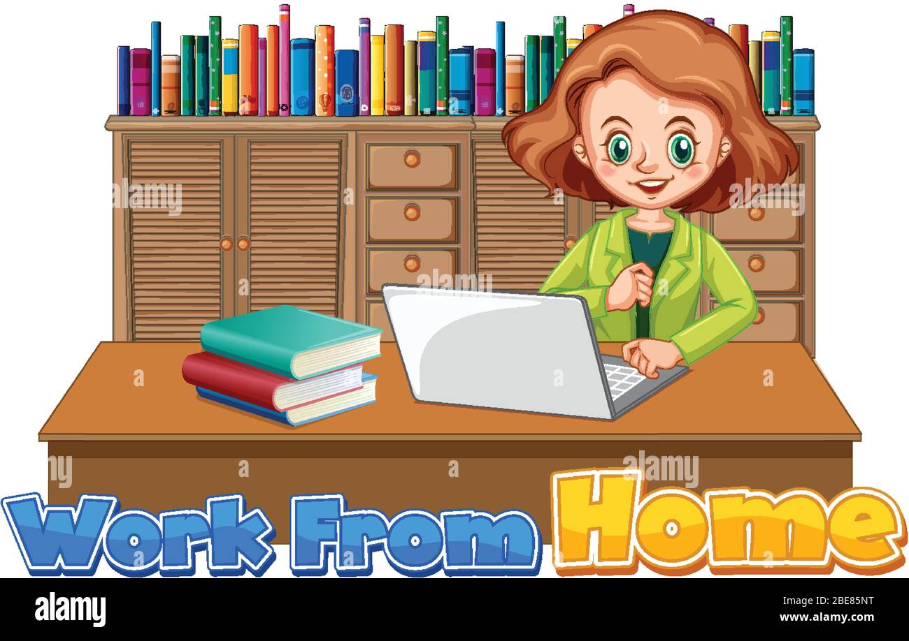 Font design for work from home with woman working on computer ...