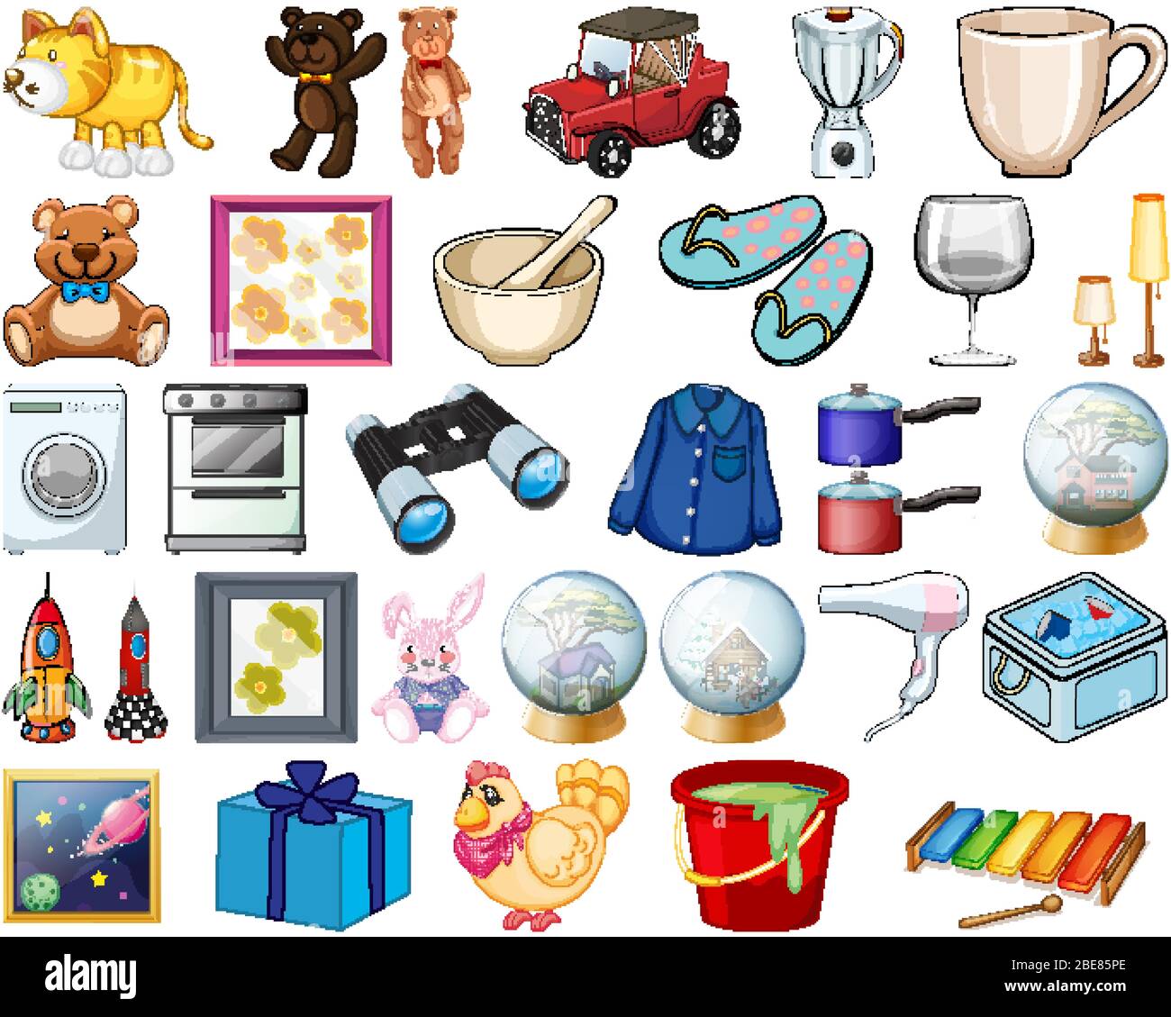 https://c8.alamy.com/comp/2BE85PE/large-set-of-household-items-and-many-toys-on-white-background-illustration-2BE85PE.jpg