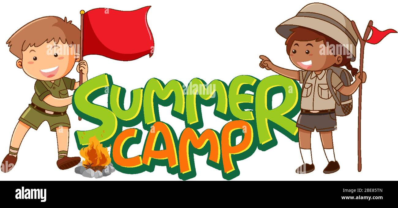 Font design for word summer camp with kids in scout uniform