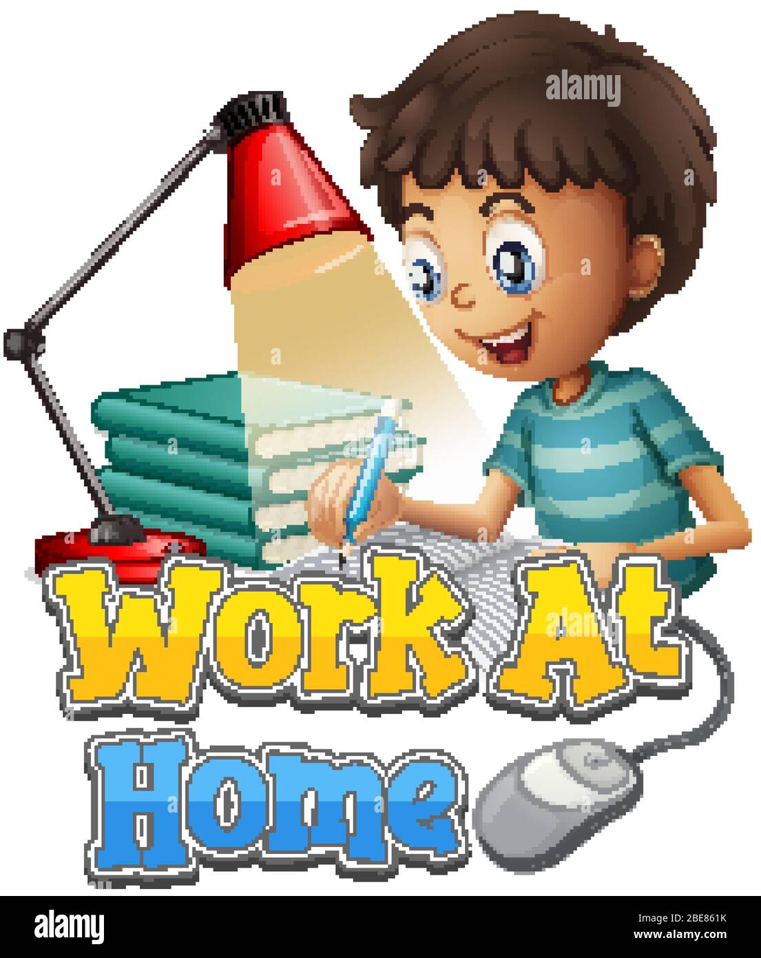 Font design for work from home with boy doing homework illustration ...