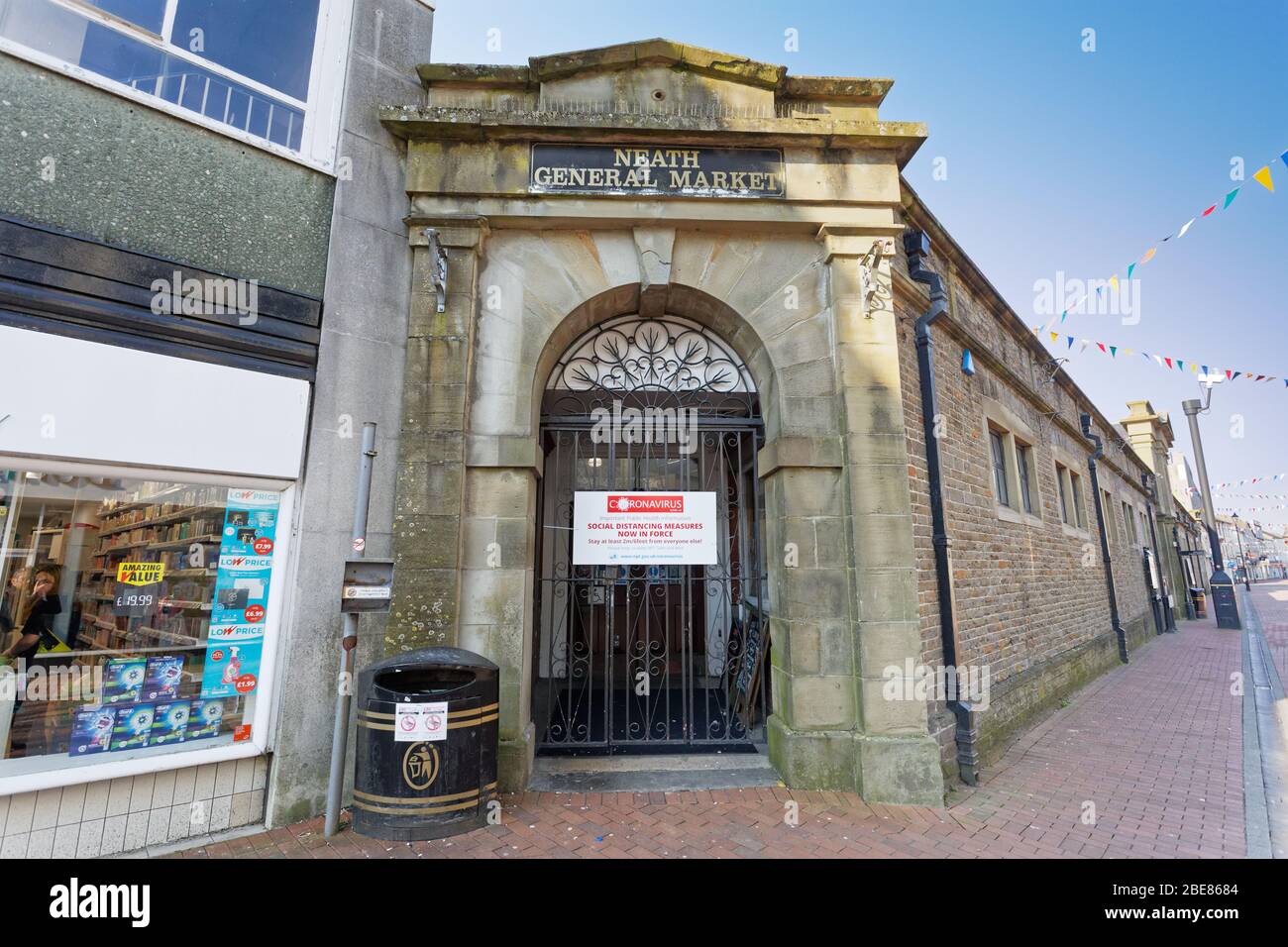 Pictured: The closed down Indoor Market in Green Street, Neath city centre, Wales, UK. Friday 27 March 2020 Re: Covid-19 Coronavirus pandemic, UK. Stock Photo