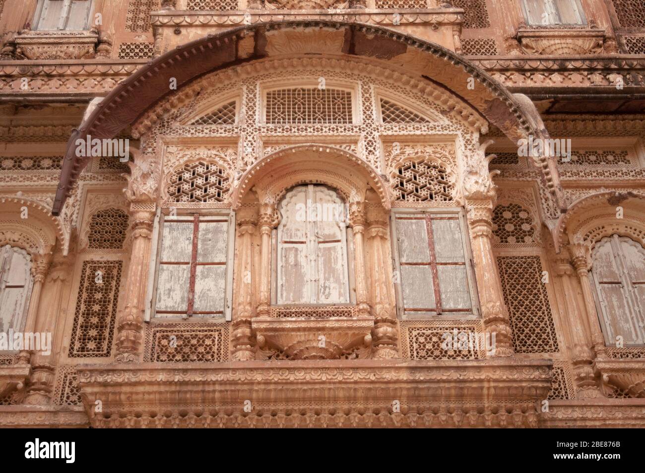 Jharokha or jharoka  a type of overhanging enclosed balcony Mehrangarh Fort,  Jodhpur, Rajasthan, India Stock Photo
