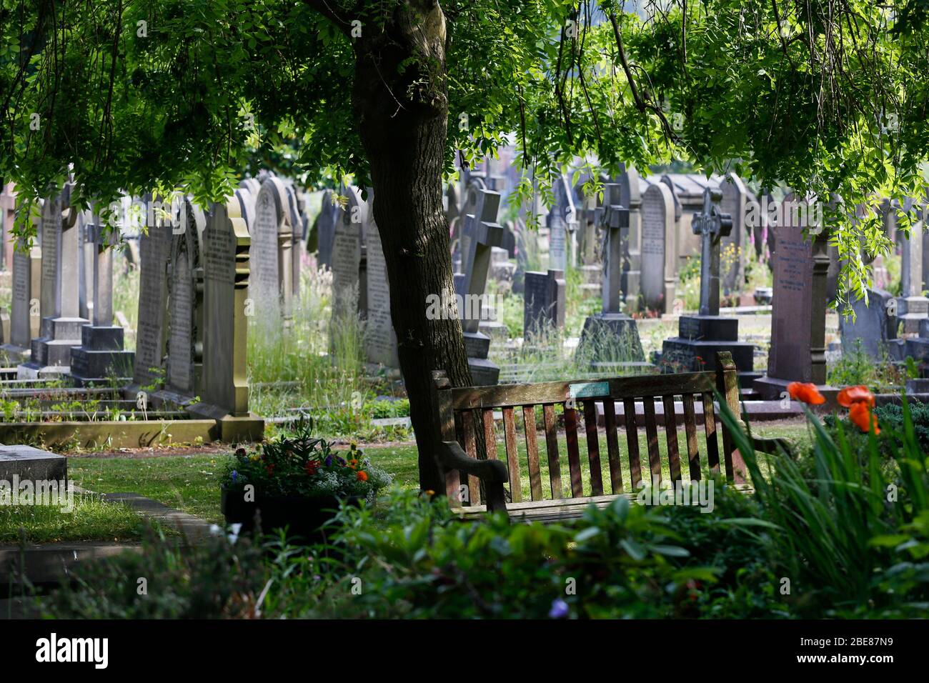 The gravestone with the name Eleanor Rigby at St Peters Church in Woolton Village Liverpool, where John Lennon & Paul Mccartney first played together Stock Photo