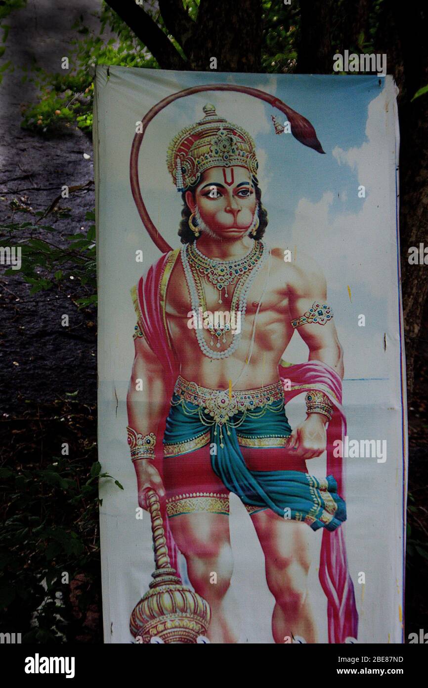 Color painting of Anjaneya on stone panel at Ramagiri near Ramanagara in Karnataka, India, Asia Stock Photo