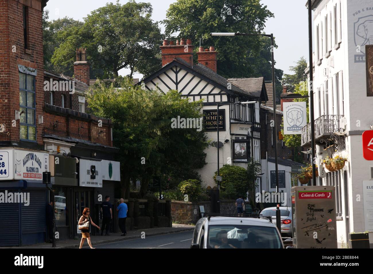 The center of Woolton Village, an affluent suburb of Liverpool, closely