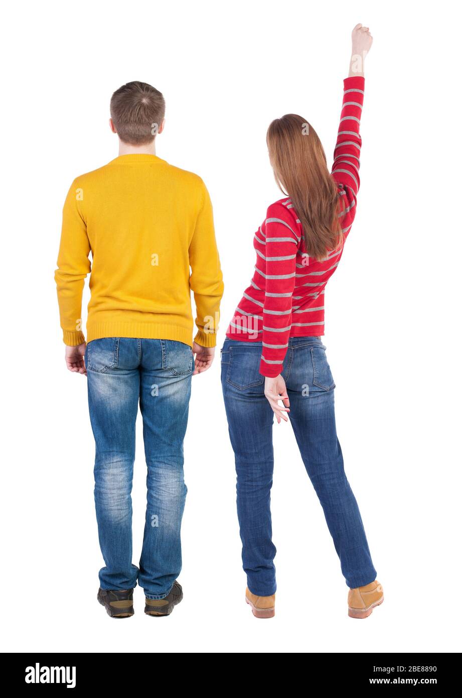 Back view couple in sweater. beautiful man and woman. Rear view people ...