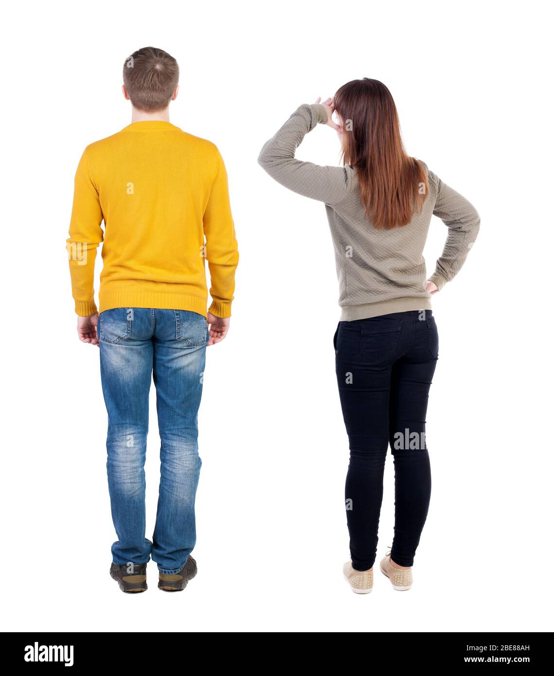 Back view couple in sweater. beautiful man and woman. Rear view people ...