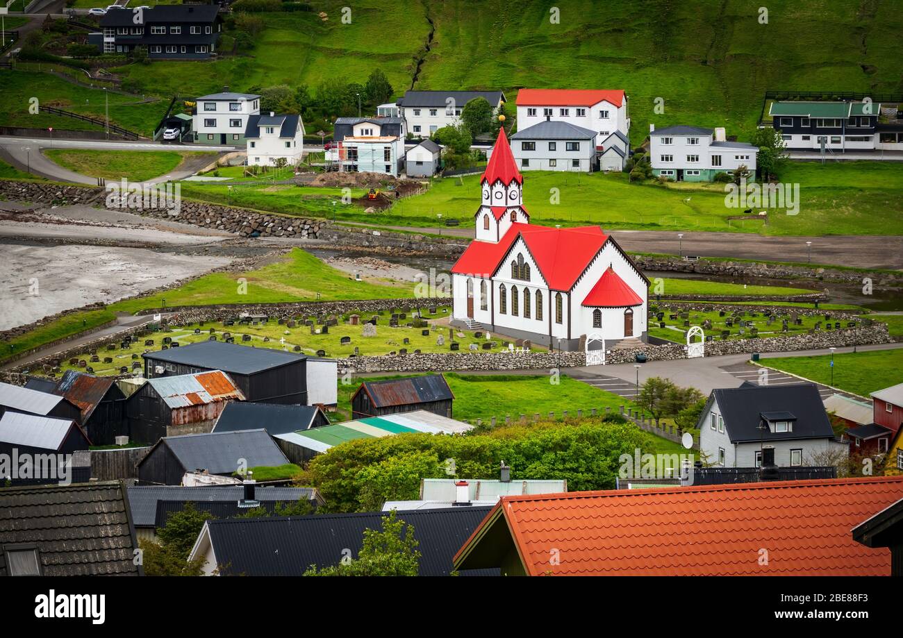 Typical church in Faroe Islands in the middle of the village Stock Photo