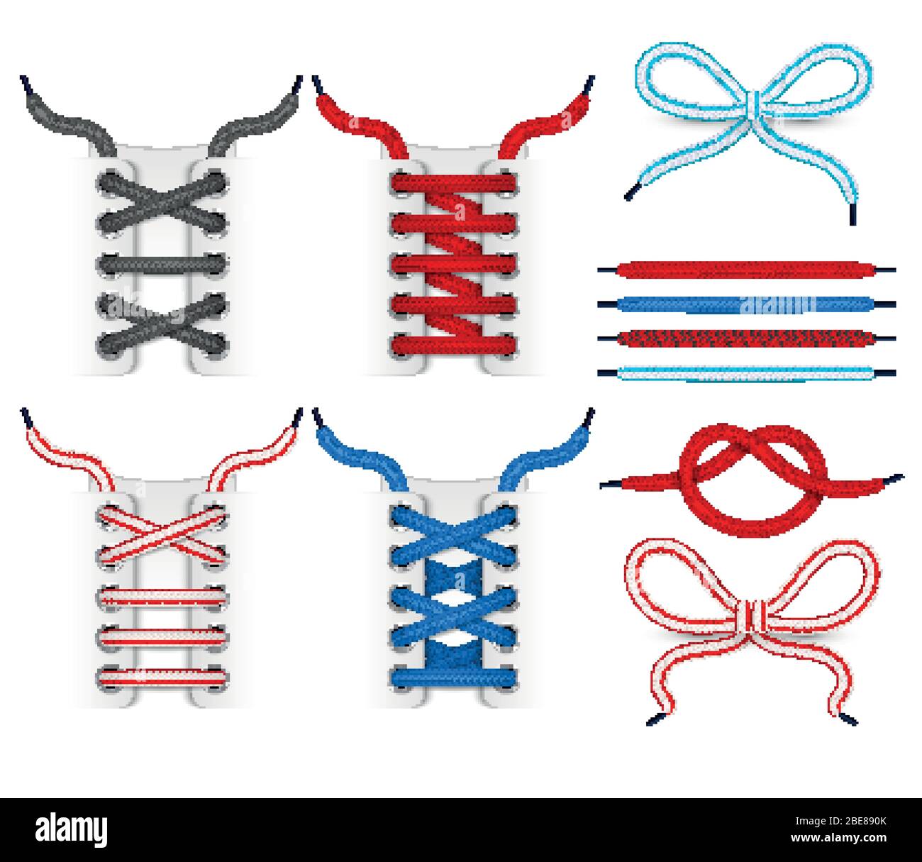 Shoelace tying vector icons. Color shoelace for footwear, colored lace