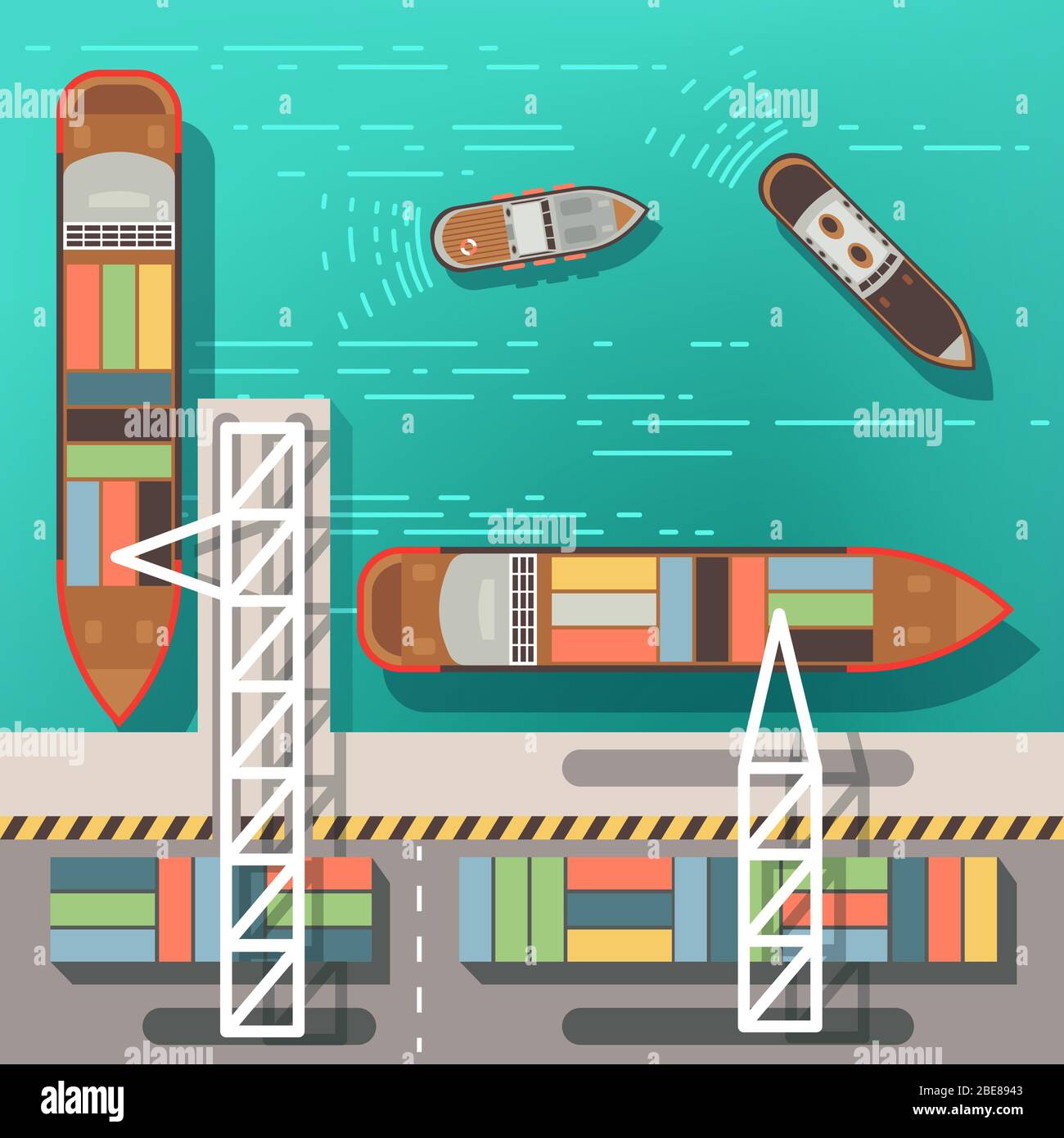Sea dock or cargo seaport with floating ships and boats. Top view vector illustration. Sea ship and cargo transportation in port Stock Vector
