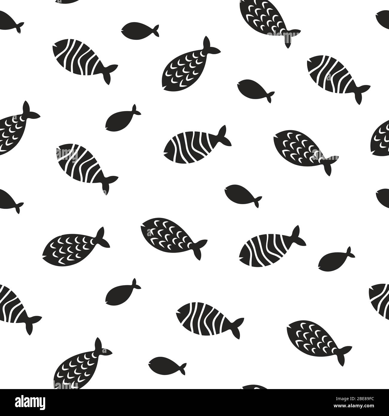 Swimming fish vector seamless pattern. Small silhouette fishes endless decoration. Monochrome fish pattern silhouette, seamless background underwater simple fish illustration Stock Vector