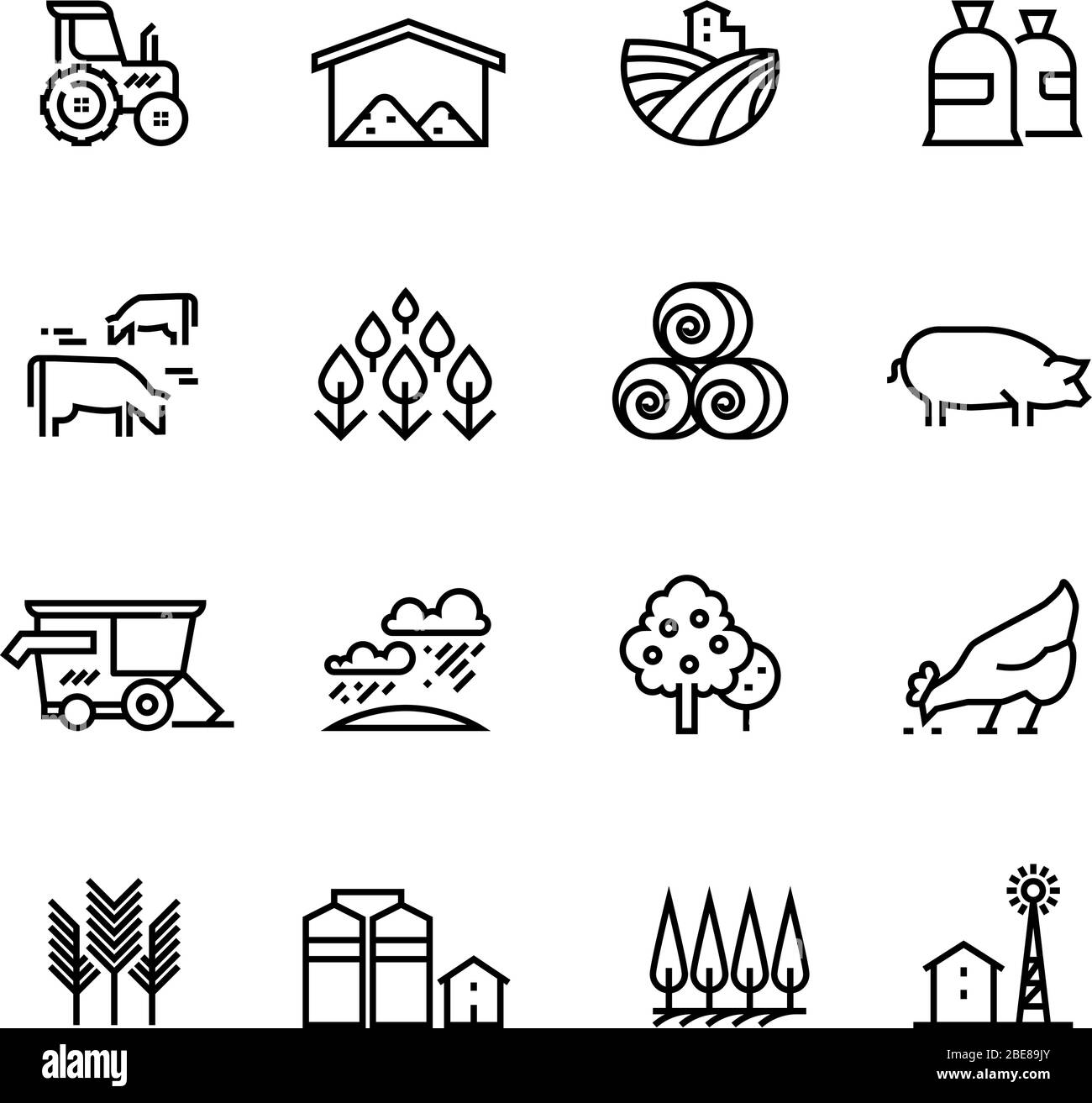 Farm harvest linear vector icons. Agronomy and farming pictograms. Agricultural symbols, farm field, agricultural equipment, tractor transport illustration Stock Vector