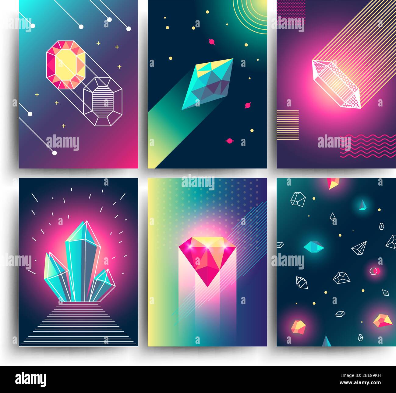 Abstract trendy vector cosmic posters with crystal gems and pyramid geometric shapes. Neon galaxy backgrounds in 80s style. Poster with geometric polygon pyramid or crystal illustration Stock Vector