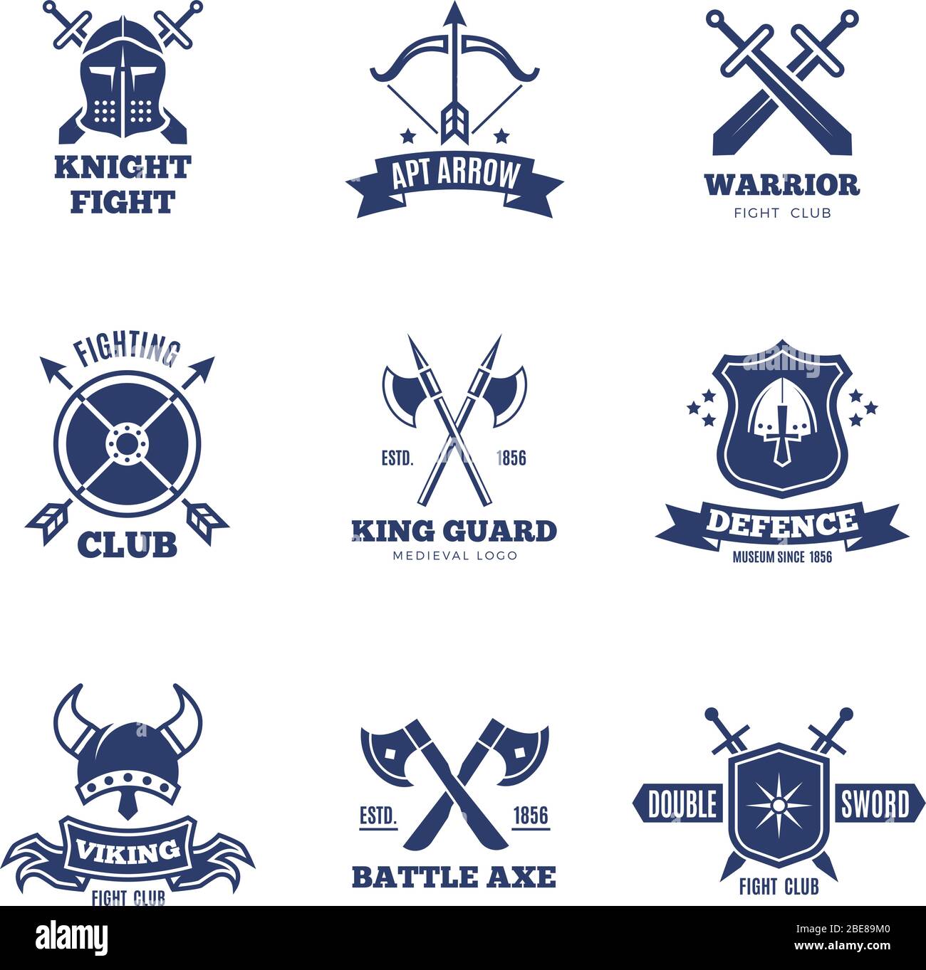 Vintage warrior sword and shield labels. Knight vector badges. Heraldry coat of arms logos. Emblem and label heraldry, sword and coat of arms design illustration Stock Vector