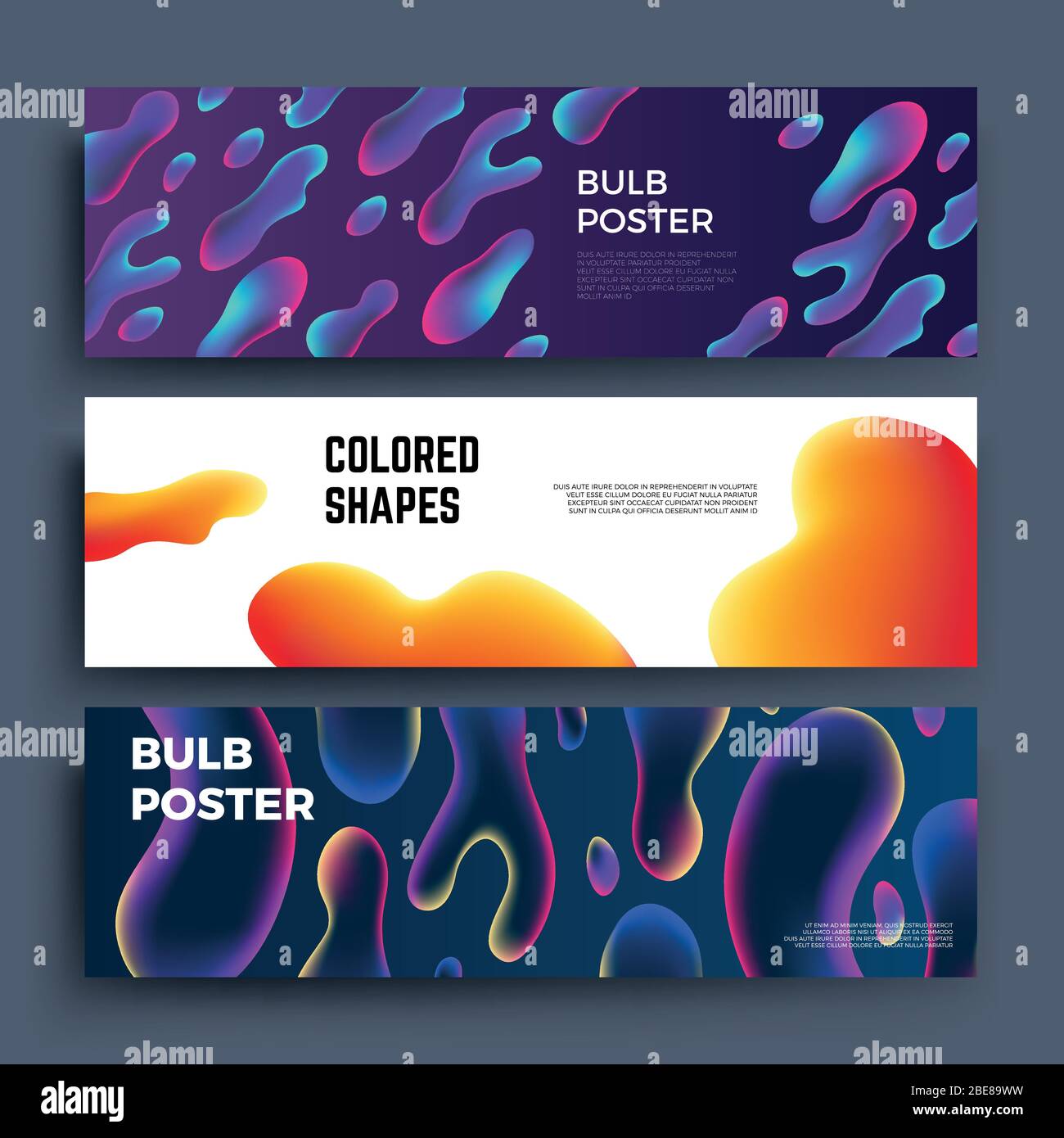 Biology molecular liquid shapes and fluid abstract objects vector banners set. Card and banner with colored shapes illustration Stock Vector