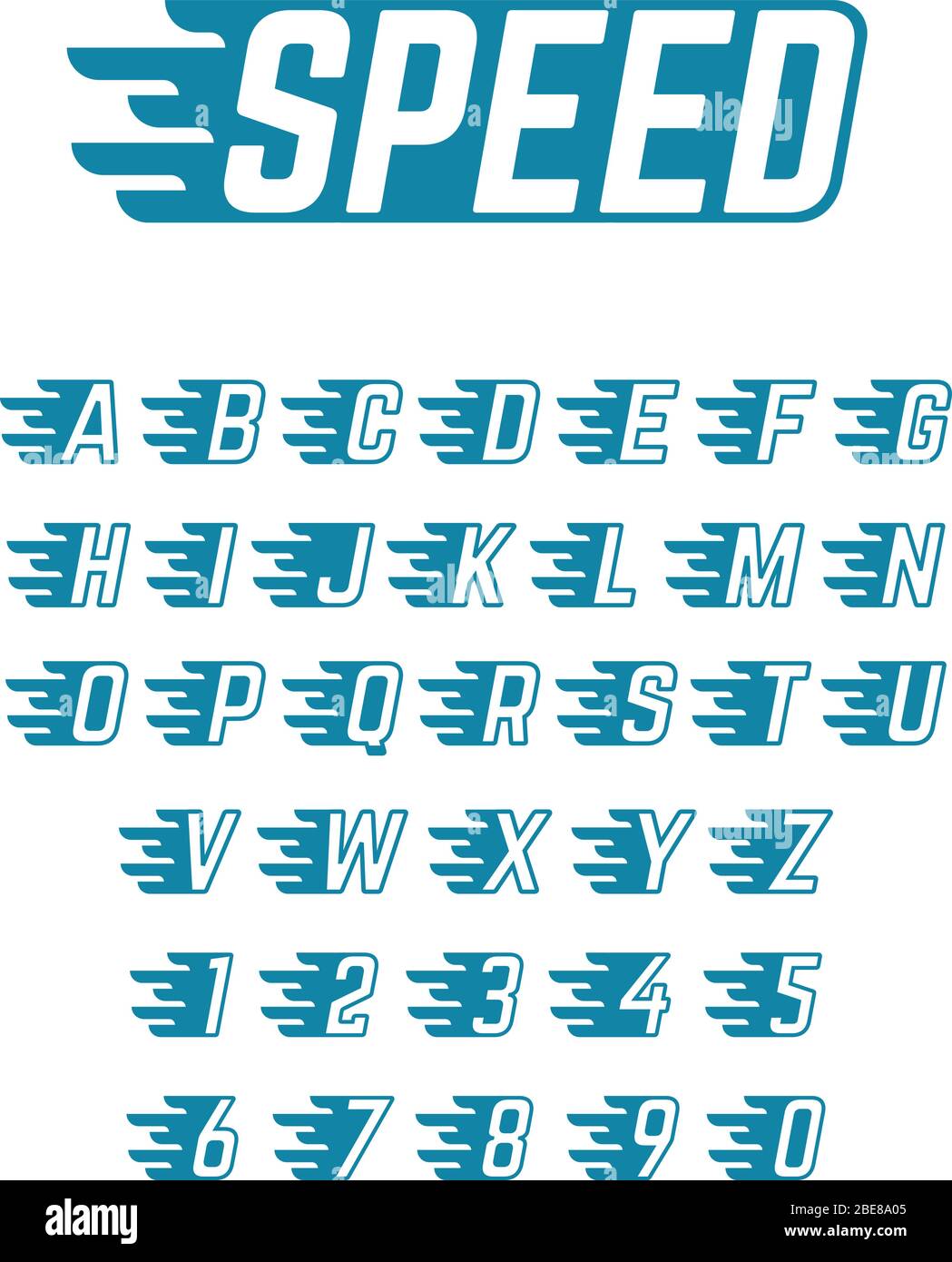 Speed flying vector alphabet. Fast symbols typeface for racing car team, retro posters and sportswear. Sport fast alphabet, speed alphabetical and numbers illustration Stock Vector