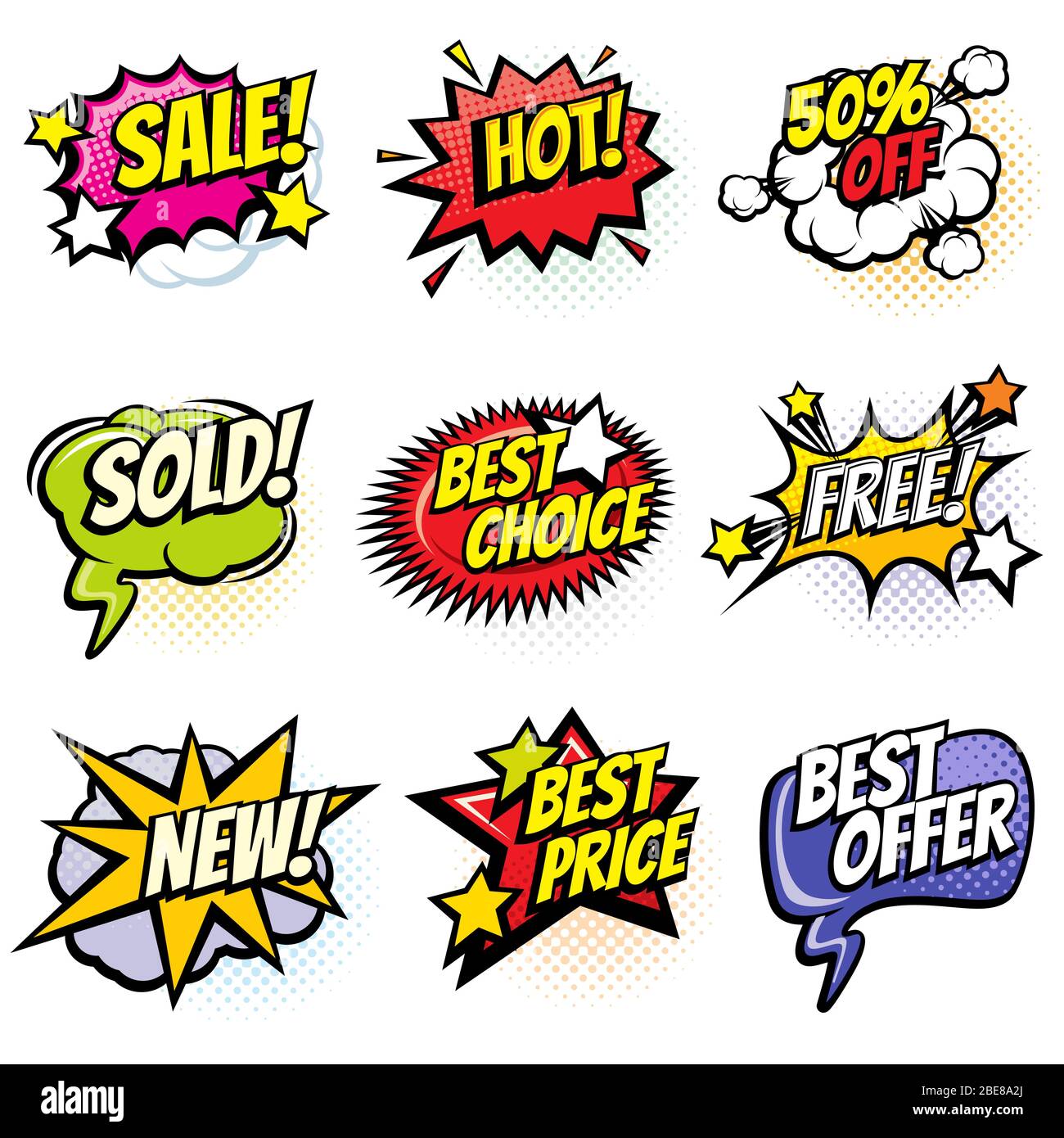 Comic speech bubbles with promo words. Discount, sale and shopping cartoon banners vector set. Discount label and best offer illustration Stock Vector