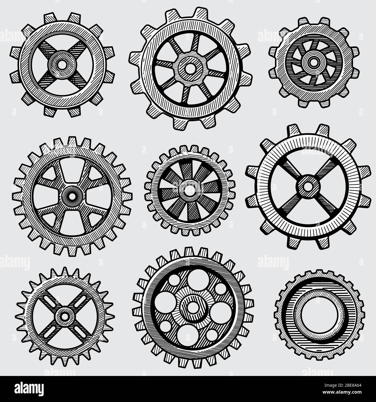 Retro sketch mechanical gears. Hand drawn vintage cog wheel parts of factory machine vector illustration. Gear cog wheel sketch, hand drawing mechanism Stock Vector
