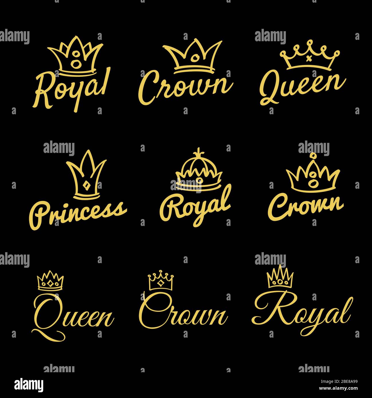 Sketch queen crowns and hand drawn princess diadem vector beauty and fashion shopping logo set. Princess and crown, king and queen fashionable. Vector illustration Stock Vector