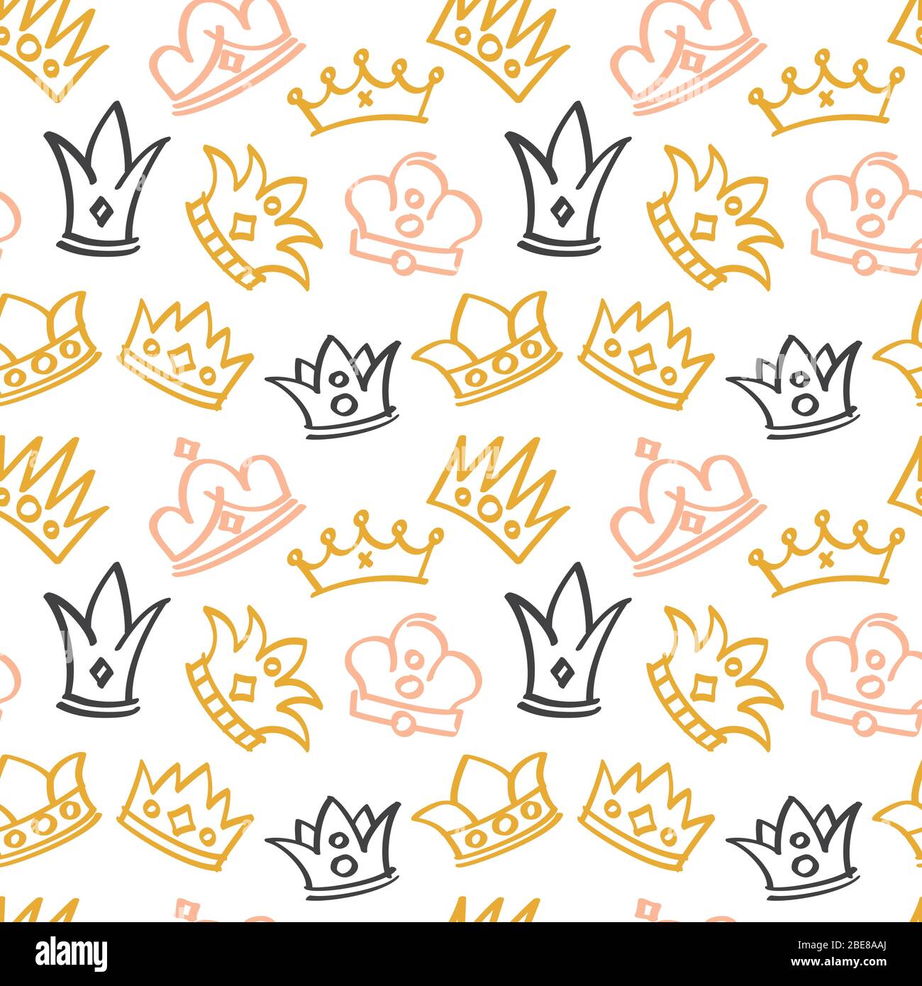 Newborn cute girl vector seamless pattern with doodle crowns. Background with crown doodle illustration Stock Vector