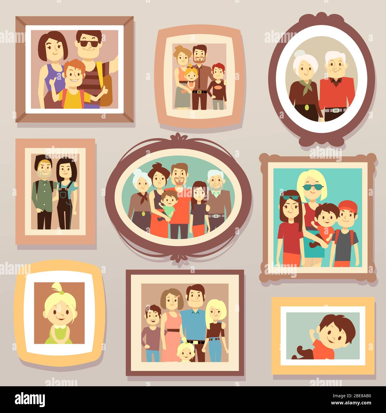 Big family smiling photo portraits in frames on wall vector