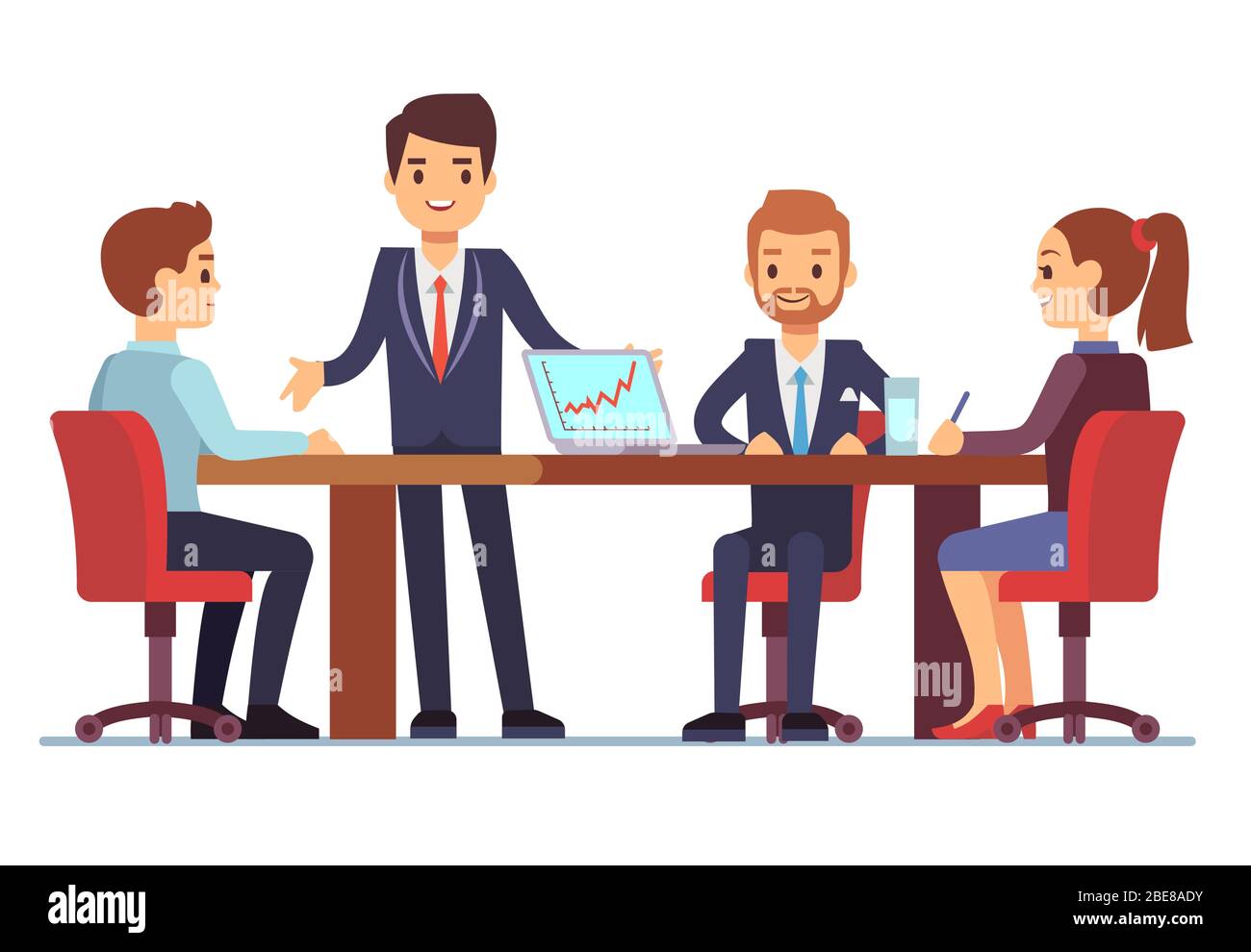 Business meeting in office at conference table with talking businessmen and businesswomen vector illustration. Conference and meeting team, businessman and businesswoman Stock Vector