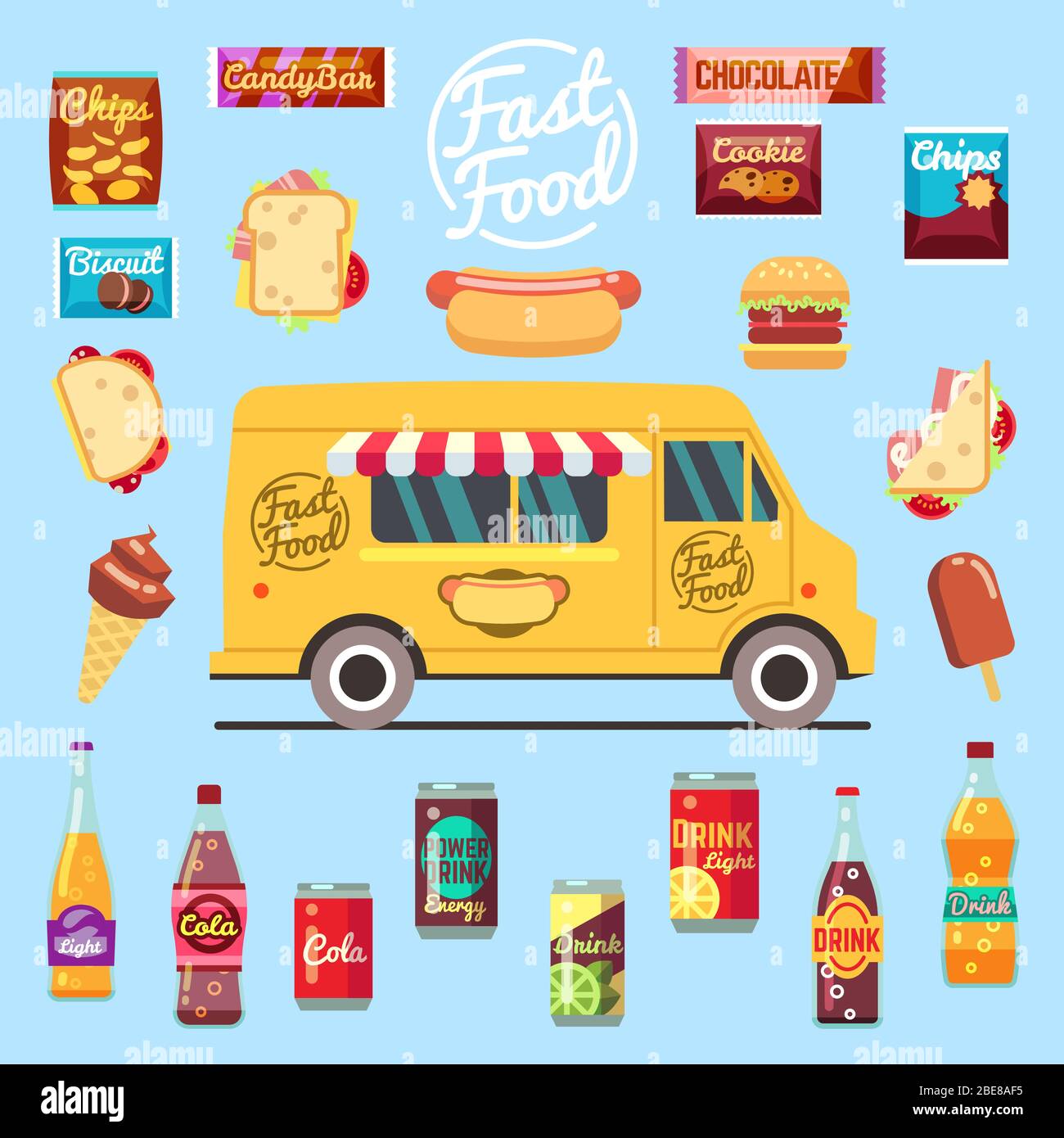 Food truck with big set summer meal, fast food snacks, bottle drinks and ice cream. Flat vector illustration. Fast food snack and lunch Stock Vector