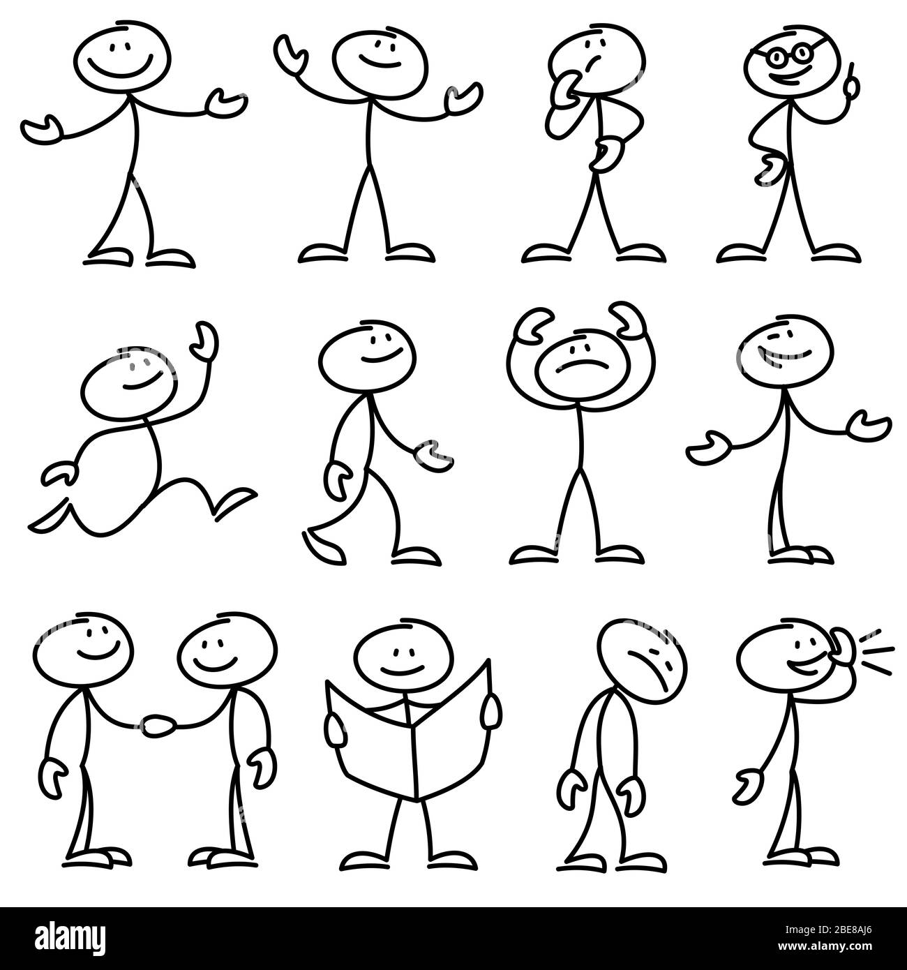 Cartoon hand drawn stick man in different poses vector set. Cartoon stick person hand drawn doodle sketch illustration Stock Vector