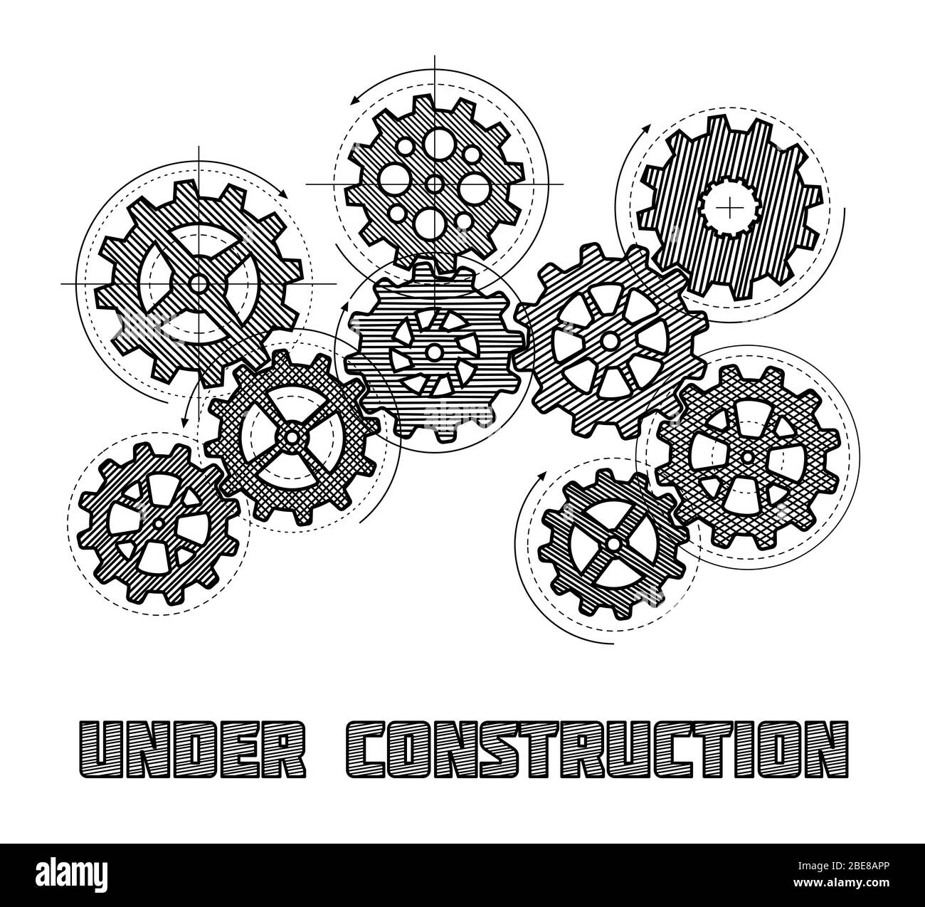 Under construction website vector concept with hand drawn gears. Banner under construction with sketch cogwheel illustration Stock Vector