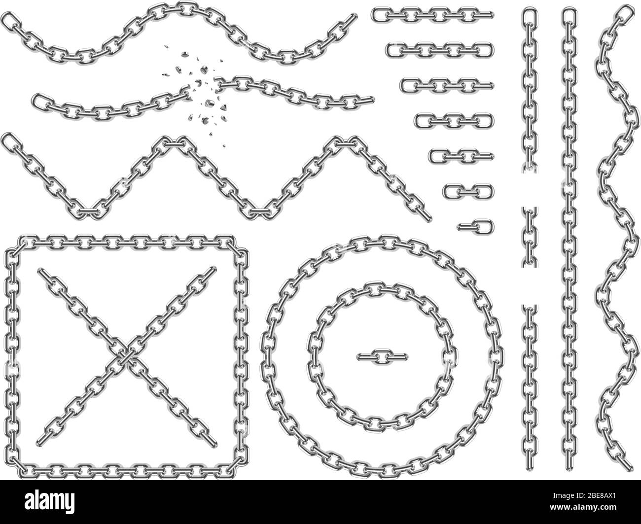 Metal vector chains isolated. Chrome chain icons and brushes set. Chain broken link, strong line connection chain illustration Stock Vector