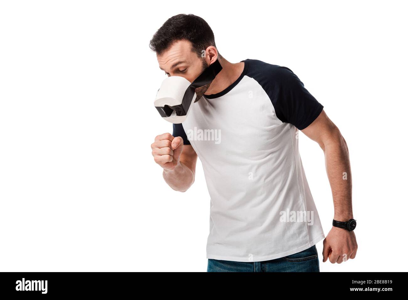 sick man with scotch tape and toilet paper on face coughing isolated on white Stock Photo