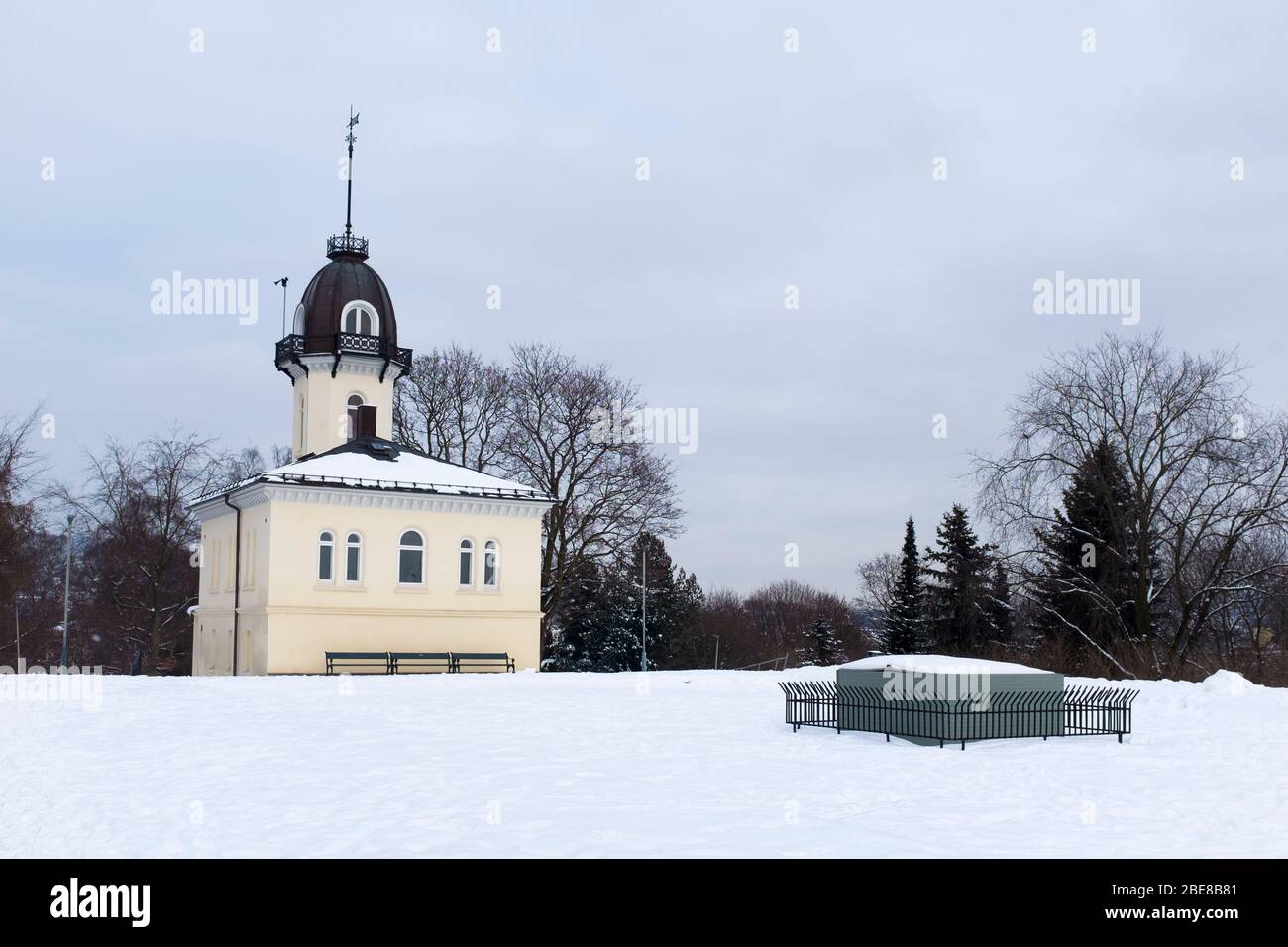 Snow blankets the tower house at the top of St. Hanshaugen park in central Oslo, Norway. Stock Photo