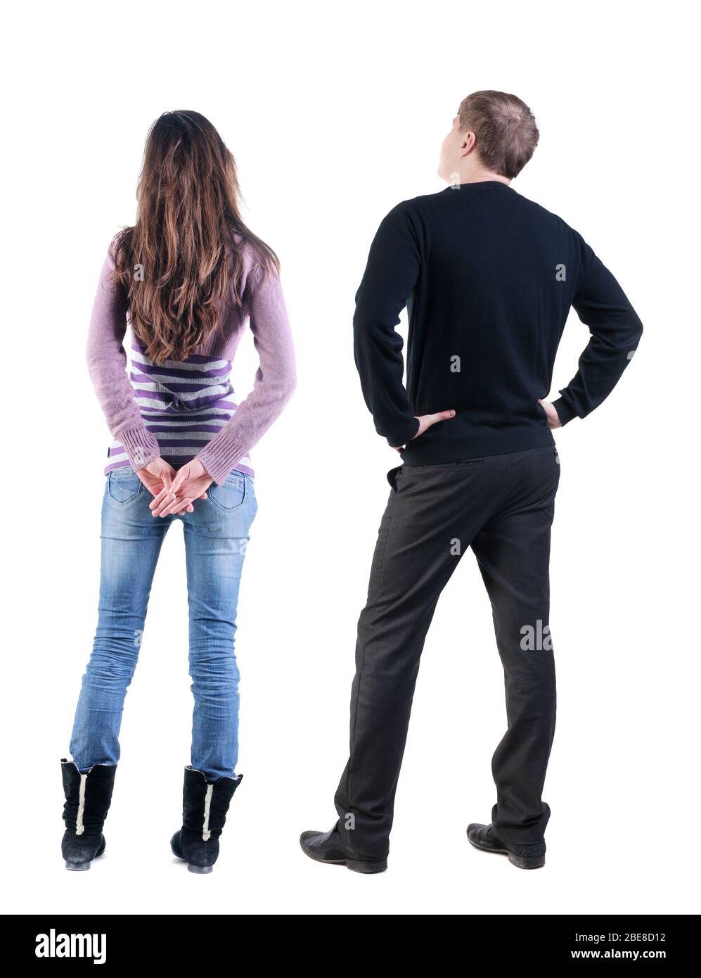 Back view couple in sweater. beautiful man and woman. Rear view people ...