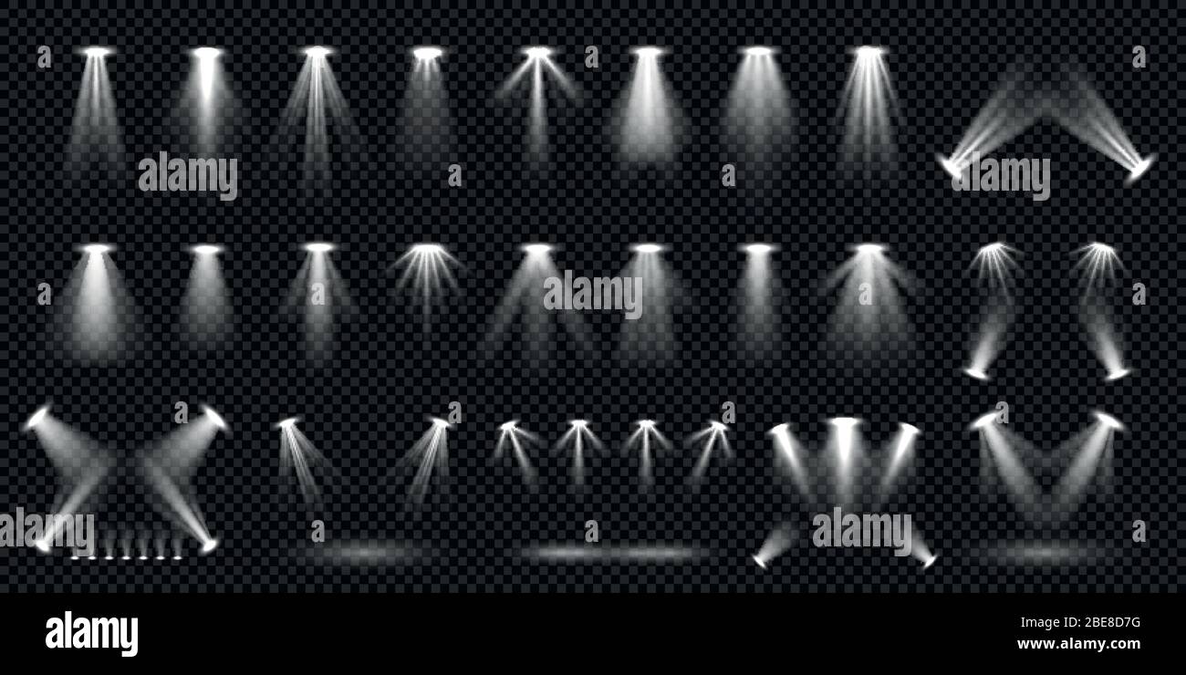 Spot lighting isolated on transparent background vector collection. Bright scene illumination. Spotlight bright for scene party, shine and glow beam illustration Stock Vector