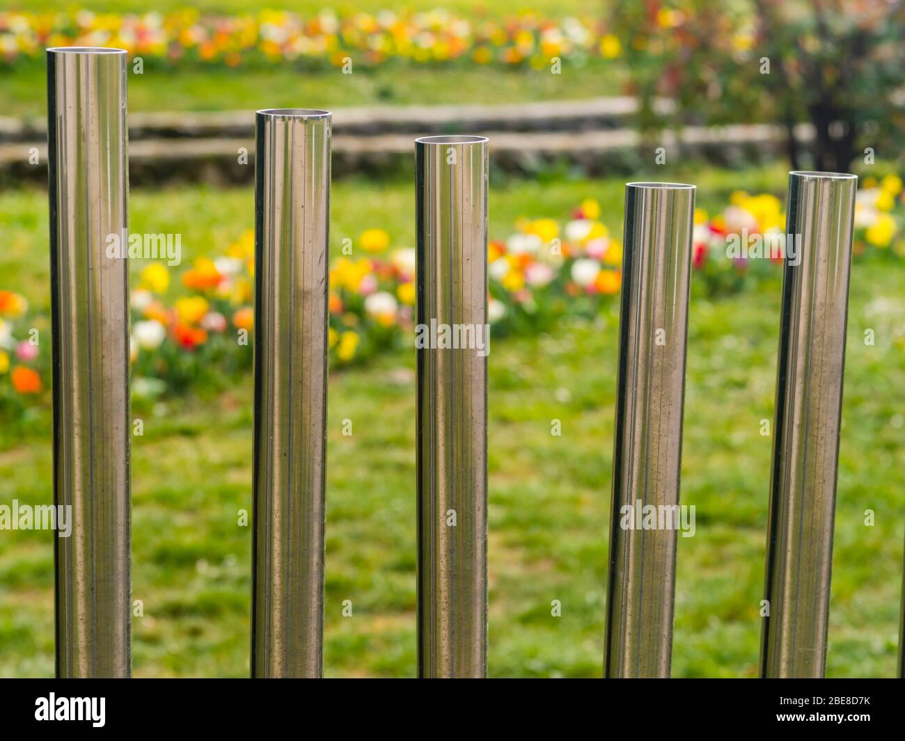 Park in Mlaka suburb in Rijeka Croatia metal music instrument panels and flowers in background Stock Photo