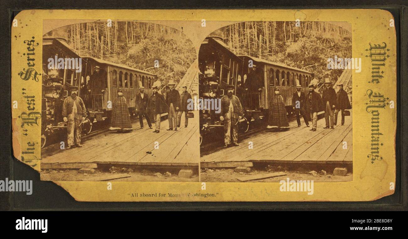 ''All aboard for Mount Washington.'Alternate Title:  The 'Best' series.; Coverage: 1860?-1903?.  Digital item published 3-9-2006; updated 6-25-2010.; Original source: Robert N. Dennis collection of stereoscopic views.  / United States. / States / New Hampshire. / Stereoscopic views of Mt. Washington, New Hampshire. (Approx. 72,000 stereoscopic views : 10 x 18 cm. or smaller.)         This image is available from the New York Public Library's Digital Library under the digital ID G91F032 072F: digitalgallery.nypl.org → digitalcollections.nypl.org This tag does not indicate the copyright status o Stock Photo