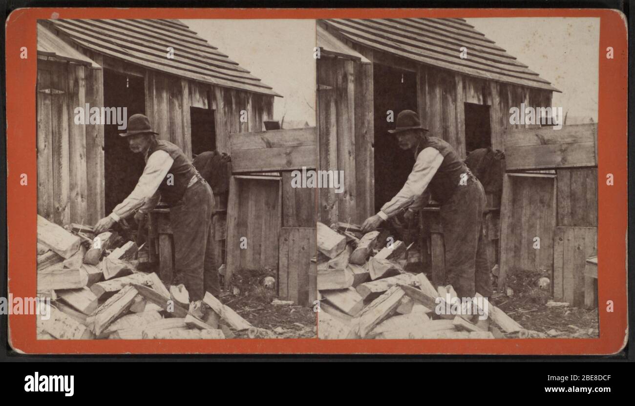 ''Poor Old Tramp,' or 'Business before Pleasure.'Alternate Title:  Man working at wood pile.; Created: ca. 1880.  Coverage: [ca. 1880]. Source Imprint: 1860?-1885?.  Digital item published 2-16-2006; updated 2-11-2009.; Original source: Robert N. Dennis collection of stereoscopic views.  / United States. / States / New York / Stereoscopic views of northern New York and the Adirondacks (Approx. 72,000 stereoscopic views : 10 x 18 cm. or smaller.) digital record        This image is available from the New York Public Library's Digital Library under the digital ID G91F094 123ZF: digitalgallery.ny Stock Photo