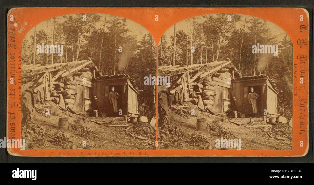 '[Woman stands in doorway of log cabin] on the Northern Pacific Road.Alternate Title:  Gems of Lake Superior scenery.; Created: 187--188-.    Digital item published 4-8-2005; updated 2-12-2009.; Original source: Robert N. Dennis collection of stereoscopic views.  / United States. / States / Michigan / Gems of Lake Superior scenery / photographed by B.F. Childs. (Approx. 72,000 stereoscopic views : 10 x 18 cm. or smaller.)         This image is available from the New York Public Library's Digital Library under the digital ID G90F397 015F: digitalgallery.nypl.org → digitalcollections.nypl.org Th Stock Photo