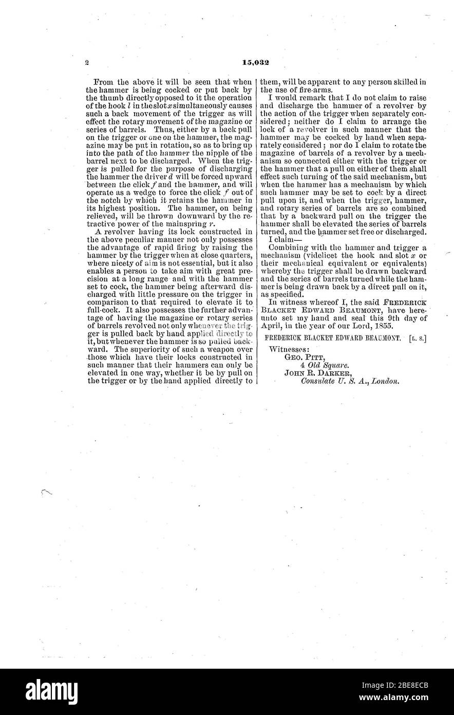 'English: beaumont us patent; 3 June 1856; E.B. Beaumont; E.B. Beaumont; ' Stock Photo