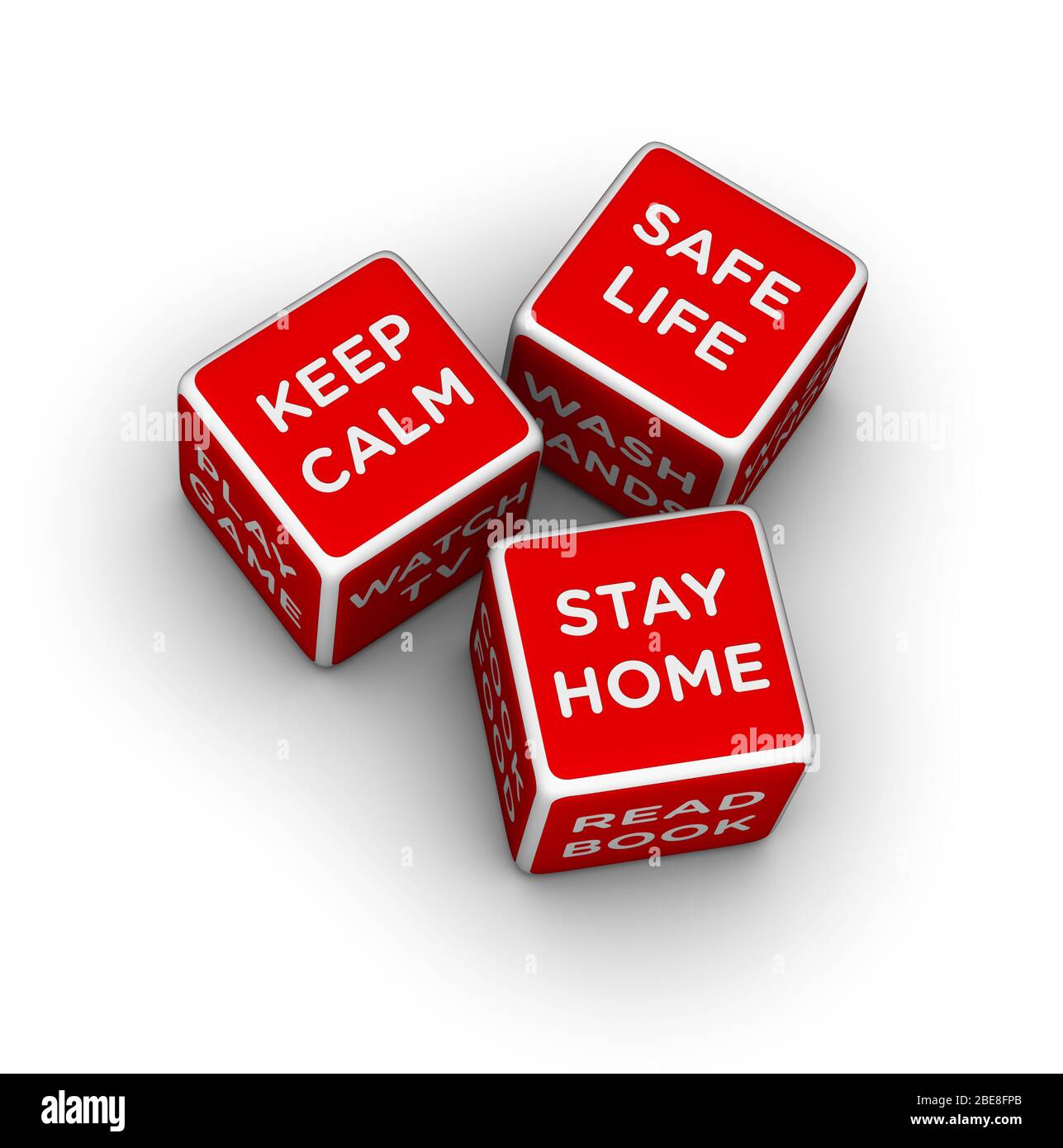 Dice with Stay Home, Keep Calm and Safe Life signs. 3D red cube illustration on white background. Stock Photo