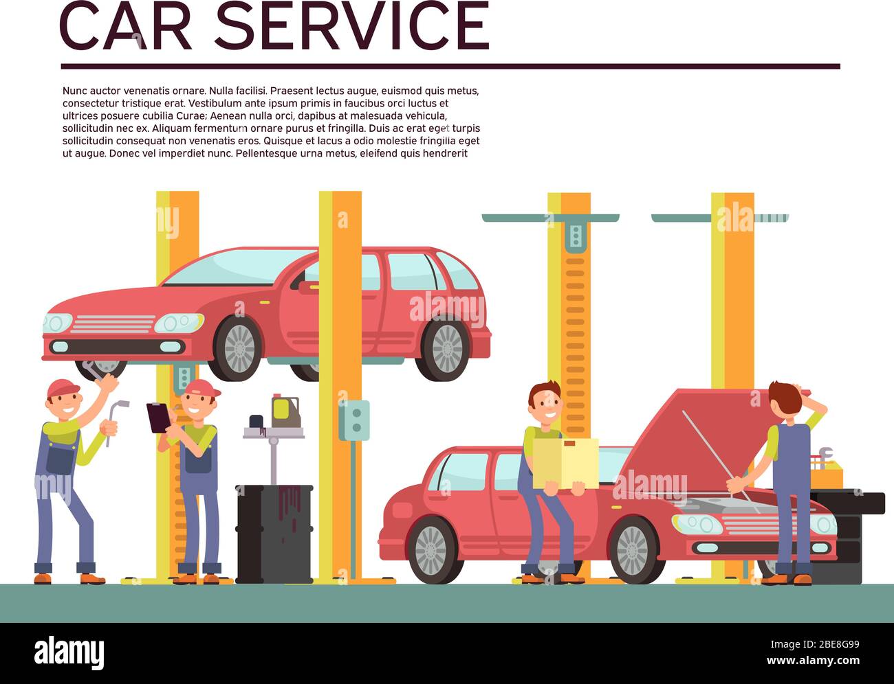 Automobile service and vehicle check vector background with car and mechanics in uniform. Repair car in service garage illustration Stock Vector