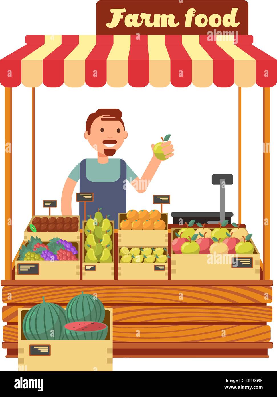 Fruit and vegetable market shop stand with happy young farmer character flat vector illustration. Farm market with fruits, character man seller farm food Stock Vector