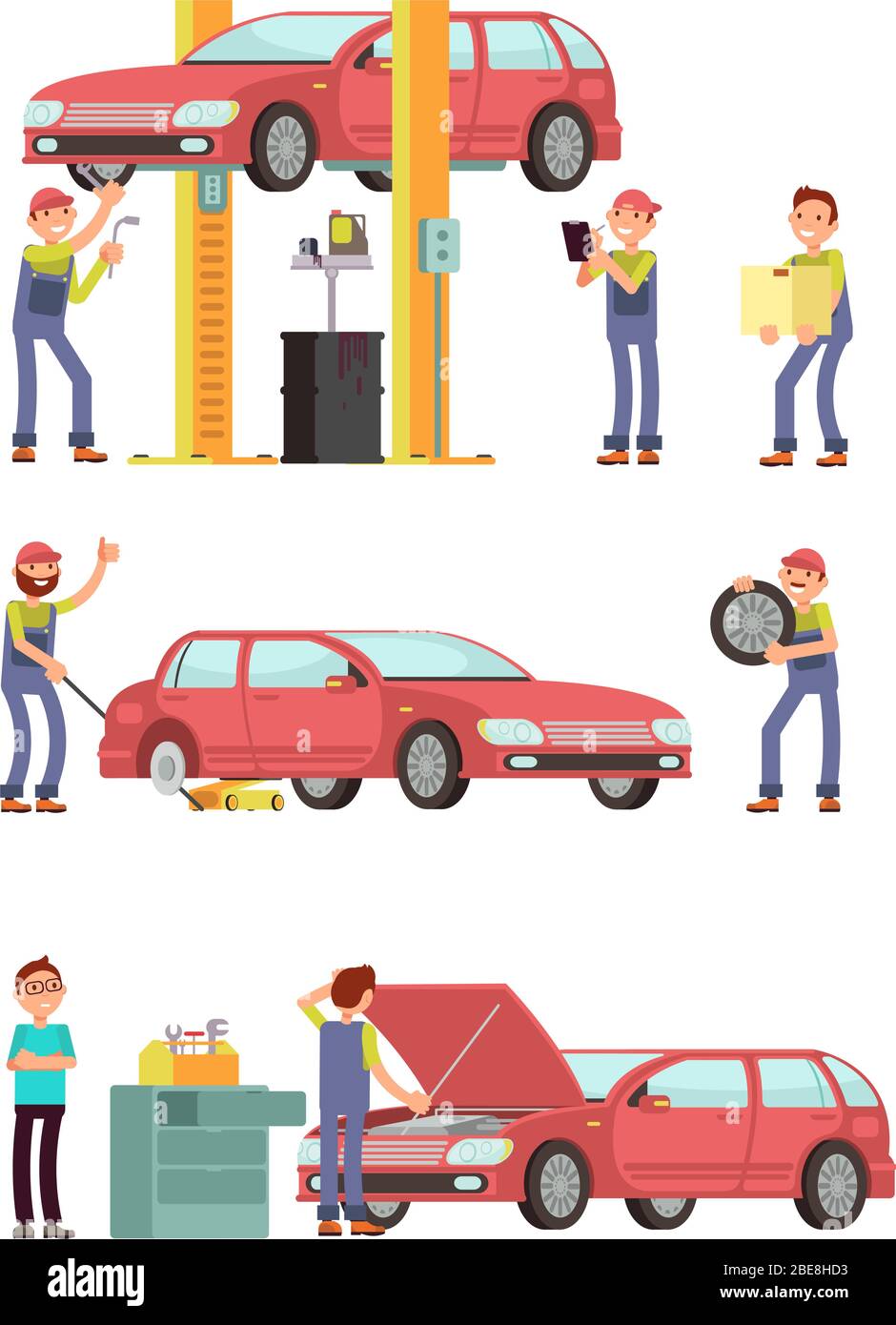 Car repair auto service with mechanic characters in uniform vector set. Mechanic repair car, automobile maintenance illustration Stock Vector