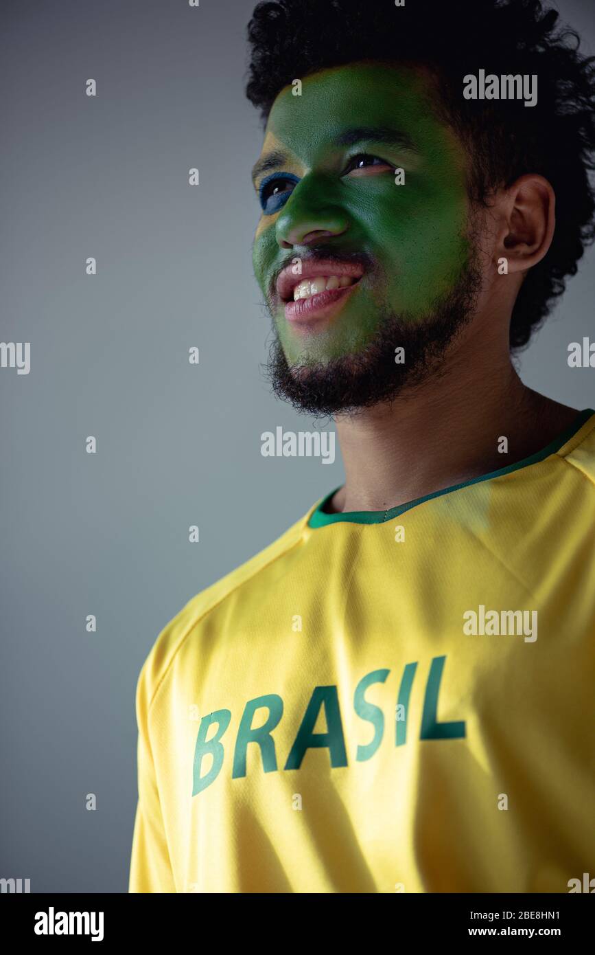 American Football Face Painting Ideas Positive African American Football Fan With Face Painted As Brazilian Flag Isolated On Grey 2BE8HN1
