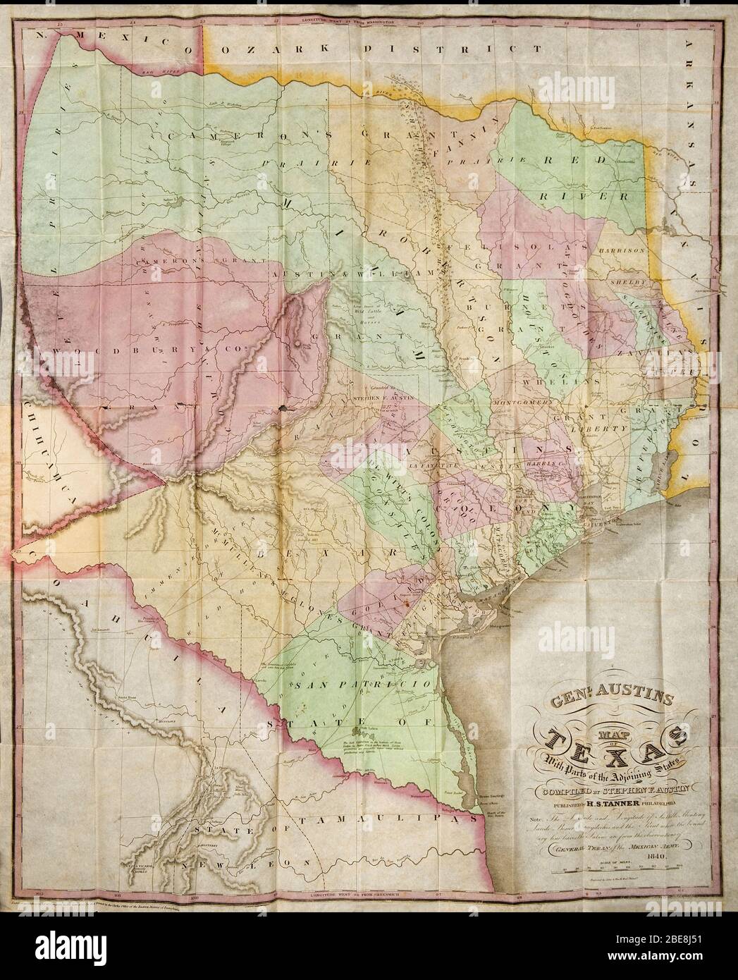 'Large color folding map titled: Genl. Austin's Map of Texas with Parts of the Adjoining States, compiled by Stephen F. Austin. Published by H.S. Tanner, Philadelphia. Engraved by John & Wm. W. Warr, Philad. (29.5 x 23.5).  Included in the book Map and Description of Texas, containing Sketches of its History, Geology, Geography and Statistics: With concise statements, relative to the soil, climate, productions, facilities of transportation, population of the country; and some brief remarks Upon the Character and Customs of its Inhabitants. By Francis Moore, Jr., Editor of the Telegraph and Tex Stock Photo