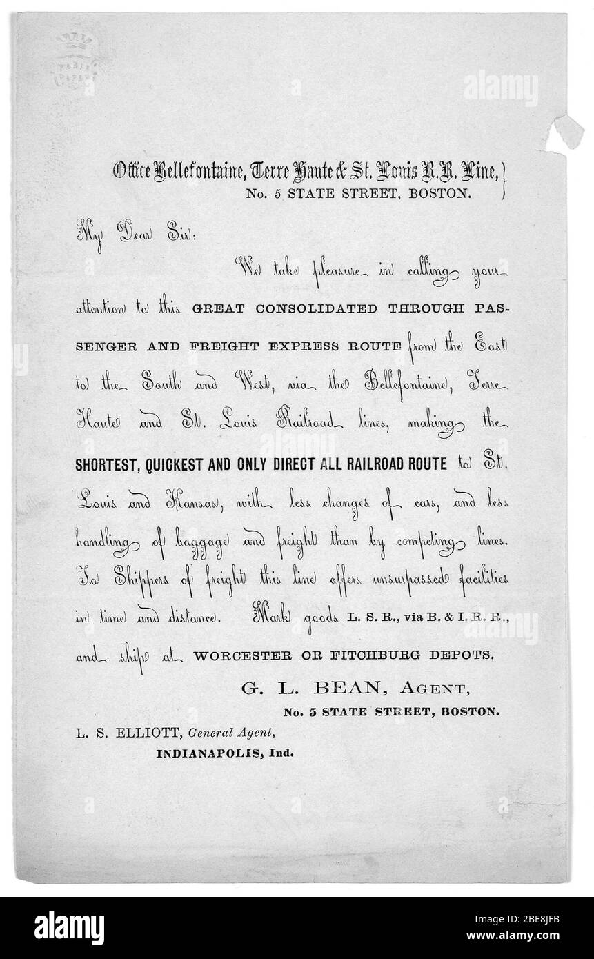 Letter Office Bellefontaine Terre Haute St Louis R R Line No 5 State Street Boston My Dear Sir We Take Pleasure In Calling Your Attention To This Great Consolidated Through Passenger And