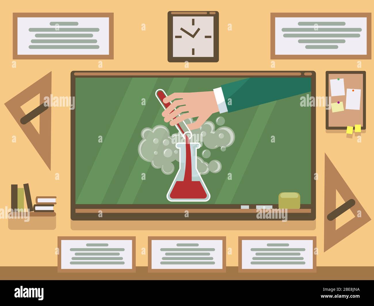 Chemical experiment on chalkboard in classroom. Experiment chemistry, science chemical research. Vector illustration Stock Vector